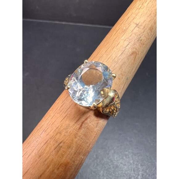 Vintage 14K Gold Aquamarine Solitaire Ring Filigree Statement Size 7 - Picture 1 of 16